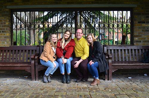 Dr. Jason Swanson and three students spent the spring 2019 semester abroad in London. They are, from left,  Arizzona Albright, Catie Archambeau, and Emma Rosenzweig.