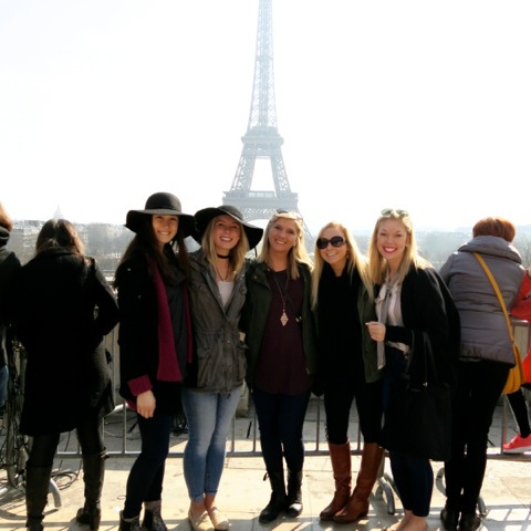 Students (from left to right) Kristina Rosen, Taylor Camacho, Madison Arms, Elizabeth Neyer and Lexy Freeman in front of the Eiffel Tower.